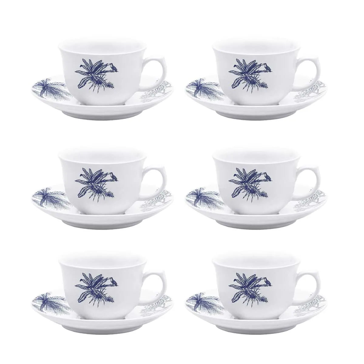 Jogo de 6 Xícaras Grandes 240 Ml Com Pires Flamingo Toile de Jouy